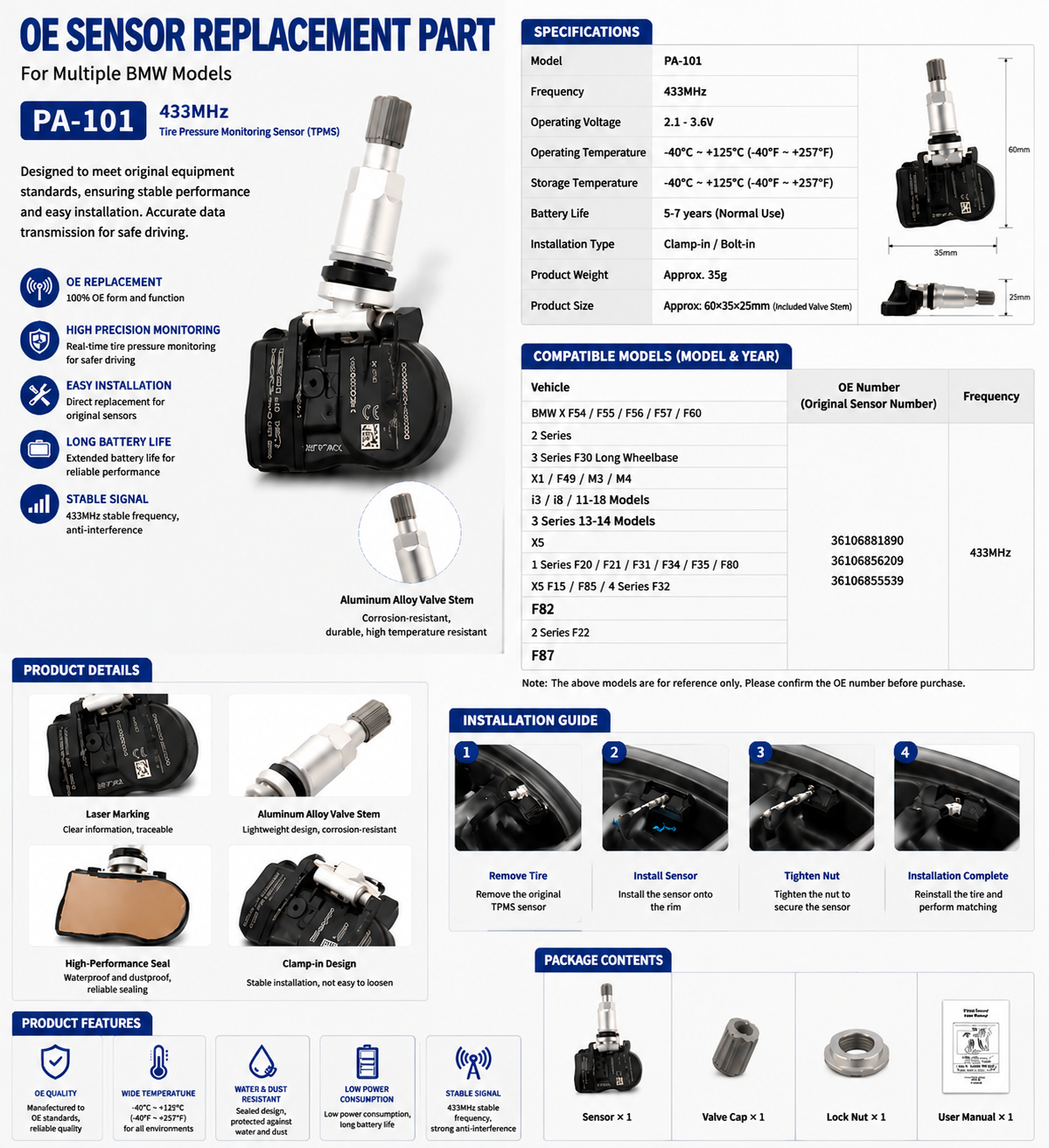 XSD-101 OE replacement TPMS sensor catalog sheet